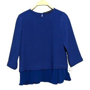 Zara Women Blouse Size XS Blue Ruffle Peplum Sheer Hem Long Sleeve Lightweight